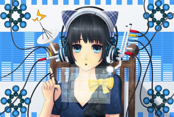 Anime picture 1000x672 with original bounin single long hair open mouth blue eyes black hair braid (braids) girl bow headphones chair wire (wires) musical note