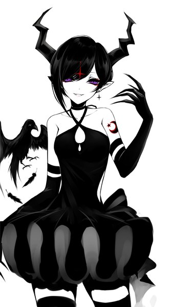 Anime picture 2200x4000 with the binding of isaac eve (character) sheya single tall image looking at viewer fringe highres short hair black hair simple background smile white background purple eyes bare shoulders horn (horns) pointy ears hair over one eye tattoo monochrome