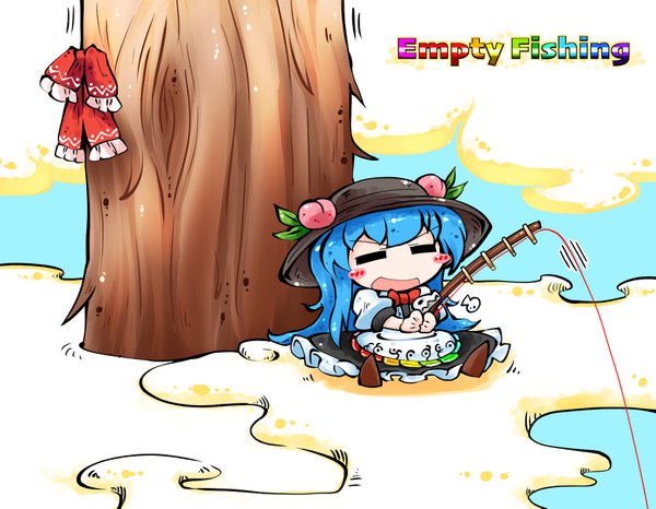 Anime picture 1564x1217 with touhou hakurei reimu hinanawi tenshi kashuu (b-q) single blush fringe open mouth sitting payot blue hair very long hair :d short sleeves puffy sleeves text chibi english frilly skirt = =