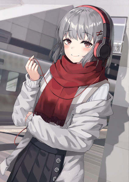 Anime picture 2475x3500 with original ruda (ruda e) single tall image looking at viewer blush fringe highres short hair smile standing brown eyes outdoors indoors long sleeves arm up grey hair off shoulder open jacket girl