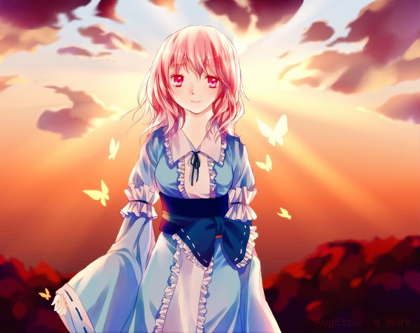 Anime picture 1181x938 with touhou saigyouji yuyuko augetsix single short hair red eyes pink hair evening sunset girl dress frills insect butterfly