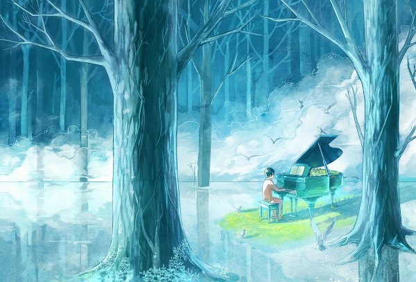 Anime picture 1200x814 with original starry11 single short hair sitting reflection blue background nature musician boy plant (plants) animal tree (trees) water bird (birds) forest piano