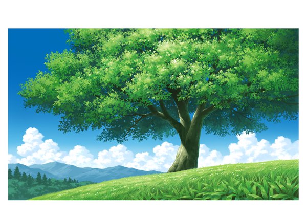 Anime picture 1433x1013 with original hariken sky cloud (clouds) border mountain no people hill meadow plant (plants) tree (trees) grass