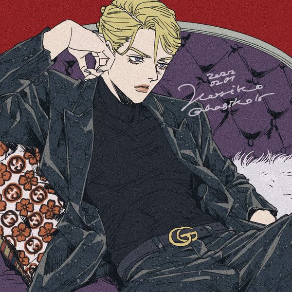 Anime picture 1000x1000 with jojo no kimyou na bouken gucci prosciutto hagiko single short hair blonde hair sitting purple eyes signed looking away dated head rest boy belt turtleneck