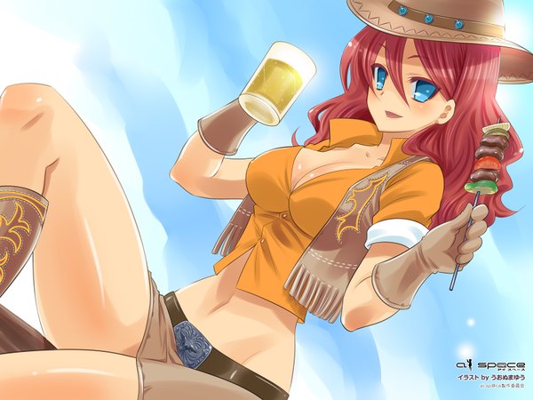 Anime picture 1600x1200 with kuroneko single long hair looking at viewer blush open mouth blue eyes light erotic smile sitting red hair legs girl skirt gloves navel hat shirt food shorts