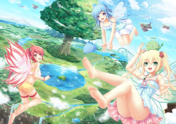 Anime picture 1300x920 with original tiphereth long hair blush open mouth light erotic blonde hair purple eyes twintails multiple girls green eyes blue hair sky cloud (clouds) red hair pink eyes barefoot hair flower bare legs legs