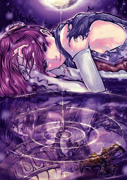 Anime picture 1231x1748 with original rikune (artist) single tall image purple eyes pink hair lying night tears torn clothes reflection crying girl gloves water elbow gloves jewelry cross crown cemetery