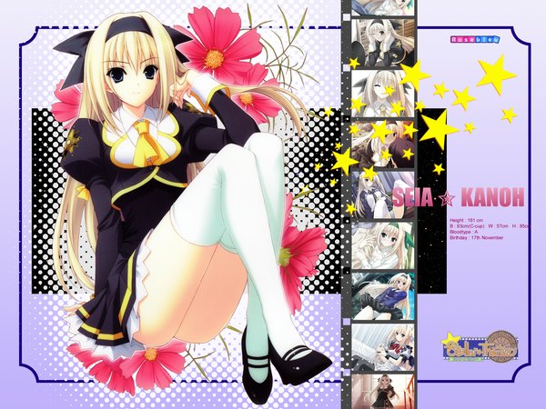 Anime picture 1600x1200 with stellar theater kanou seia suzuhira hiro single long hair looking at viewer blue eyes light erotic blonde hair full body light smile arm support wallpaper character names adjusting hair girl thighhighs uniform flower (flowers) school uniform
