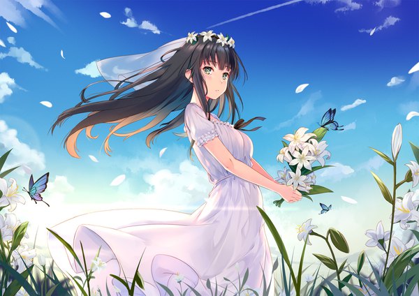 Anime picture 1754x1240 with flowers (innocent grey) innocent grey shirahane suou dance of eternity single long hair looking at viewer fringe highres brown hair standing holding green eyes sky cloud (clouds) outdoors parted lips hair flower wind short sleeves