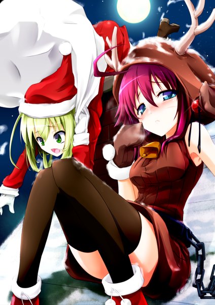 Anime picture 2000x2828 with original reon nowon long hair tall image highres short hair open mouth blue eyes multiple girls green eyes purple hair horn (horns) green hair night christmas girl thighhighs black thighhighs 2 girls moon
