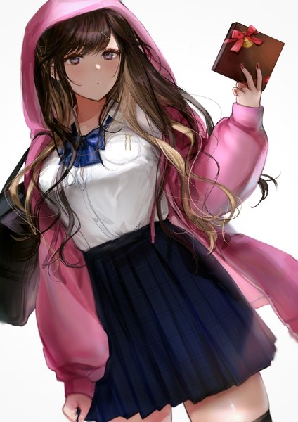 Anime picture 1191x1684 with original gyudan (t1k 7) single long hair tall image looking at viewer simple background brown hair white background purple eyes holding nail polish pleated skirt open jacket valentine girl skirt uniform hair ornament school uniform