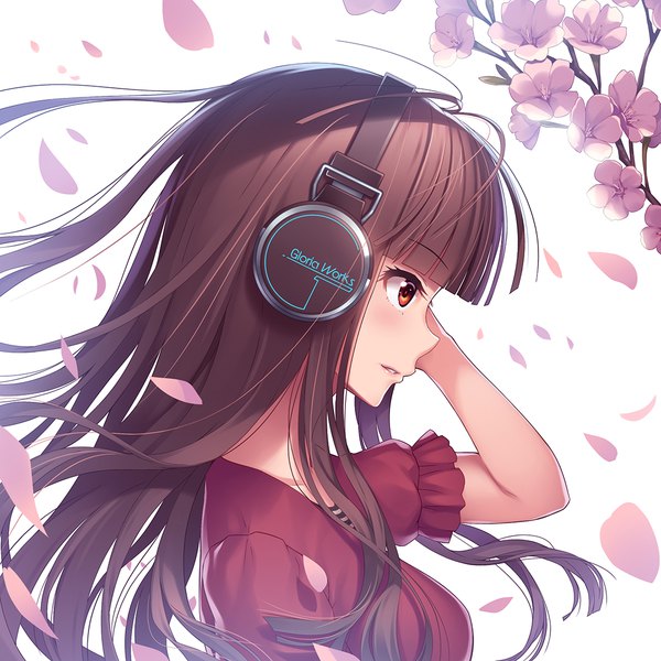Anime picture 1120x1120 with original athrun1120 single long hair blush fringe simple background brown hair white background brown eyes looking away upper body blunt bangs parted lips profile wind short sleeves arm behind head girl flower (flowers)
