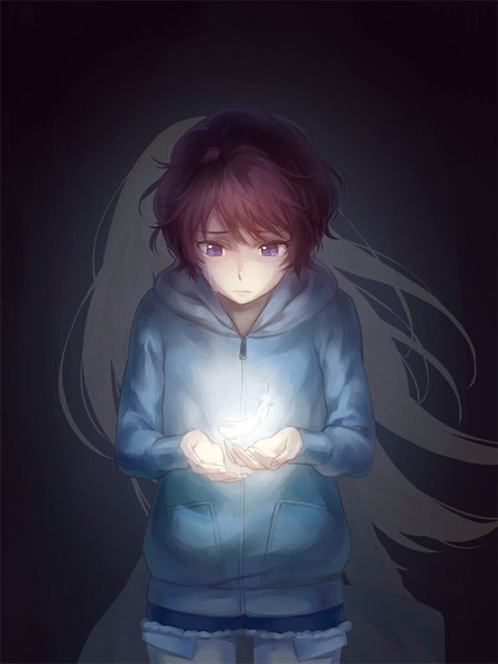 Anime picture 750x1000 with aldnoah.zero a-1 pictures asseylum vers allusia rayet areash kanmuri (hanyifan30338) tall image fringe short hair blonde hair purple eyes red hair very long hair tears back dark background crying glow back to back weightlessness sad
