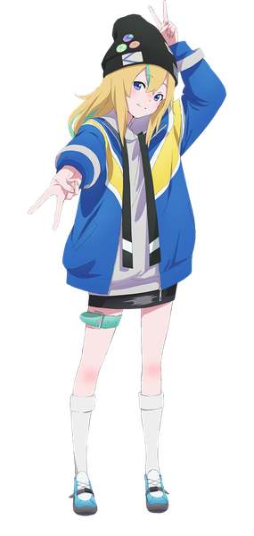 Anime picture 760x1600 with yoru no kurage wa oyogenai yamanouchi kano single long hair tall image looking at viewer fringe blue eyes blonde hair hair between eyes standing full body multicolored hair open jacket official art streaked hair victory transparent background girl socks