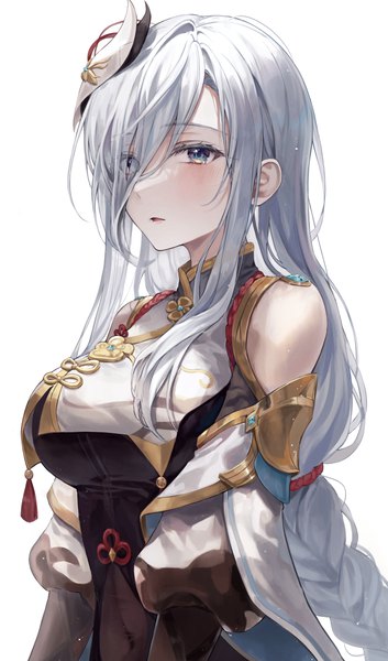 Anime picture 1518x2578 with genshin impact shenhe (genshin impact) ekina (1217) single long hair tall image looking at viewer blush fringe breasts open mouth blue eyes simple background white background silver hair upper body braid (braids) hair over one eye single braid girl