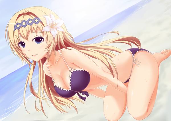 Anime picture 1754x1240 with granblue fantasy jeanne d'arc (granblue fantasy) xing yaori single long hair looking at viewer blush fringe highres breasts open mouth blue eyes light erotic blonde hair hair between eyes large breasts sitting bare shoulders cleavage full body