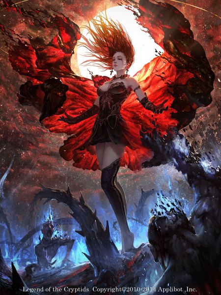 Anime picture 1200x1600 with legend of the cryptids rui li long hair tall image breasts bare shoulders bent knee (knees) eyes closed multicolored hair lips copyright name sleeveless glowing gradient hair spread arms fantasy screaming bloody tears dissolving dissolving clothes