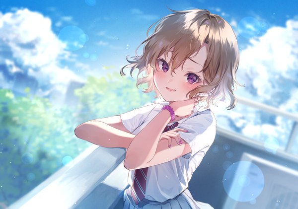 Anime picture 2261x1587 with original harui (hr x9 ) single looking at viewer blush fringe highres short hair open mouth smile hair between eyes brown hair standing sky cloud (clouds) upper body nail polish :d pink eyes fingernails