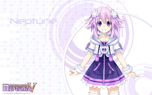 Anime picture 1920x1200 with kami jigen game neptune v neptune (choujigen game neptune) single looking at viewer highres short hair smile wide image purple eyes purple hair girl thighhighs dress hair ornament white thighhighs armband