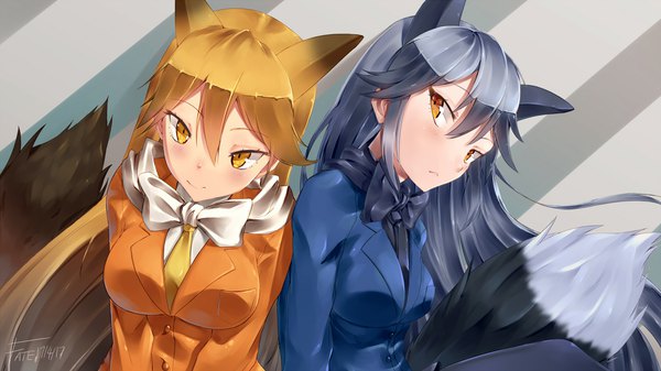 Anime picture 1920x1080 with kemono friends ezo red fox (kemono friends) silver fox (kemono friends) xfate long hair looking at viewer blush fringe highres blonde hair smile hair between eyes wide image multiple girls signed animal ears yellow eyes payot tail animal tail