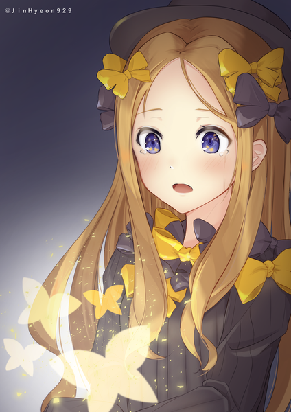 Anime picture 2728x3858 with fate (series) fate/grand order abigail williams (fate) hyonee single long hair tall image blush highres open mouth simple background blonde hair purple eyes signed looking away upper body sparkle twitter username tears gradient background