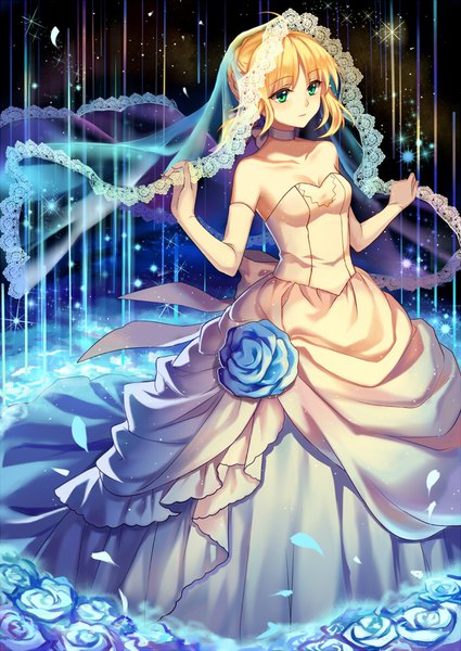 Anime picture 700x989 with fate (series) fate/stay night artoria pendragon (all) saber mirror (xilu4) single tall image short hair blonde hair bare shoulders green eyes looking away cleavage ahoge sparkle girl dress gloves flower (flowers) petals