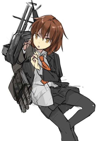 Anime picture 595x842 with kantai collection wakaba destroyer hita (hitapita) single tall image fringe short hair open mouth simple background hair between eyes brown hair white background brown eyes looking away bent knee (knees) :o >:o girl necktie