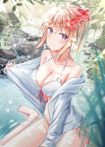 Anime picture 5000x7000 with original sion (im10042m) single tall image looking at viewer blush fringe highres short hair breasts light erotic blonde hair smile hair between eyes large breasts sitting purple eyes payot absurdres cleavage