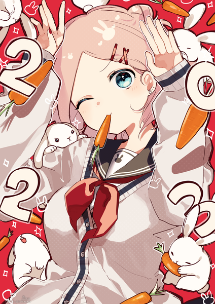 Anime picture 2894x4093 with original sofra single tall image looking at viewer highres short hair blue eyes holding pink hair upper body head tilt one eye closed wink mouth hold new year food in mouth 2023 bunny pose girl
