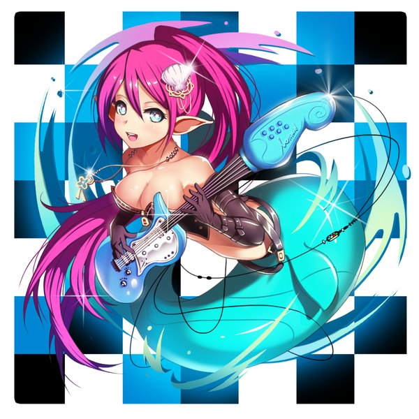 Anime picture 1035x1035 with puzzle & dragons ratio (ratio-d) single blush breasts open mouth blue eyes light erotic large breasts bare shoulders looking away pink hair very long hair pointy ears monster girl girl gloves hair ornament choker elbow gloves