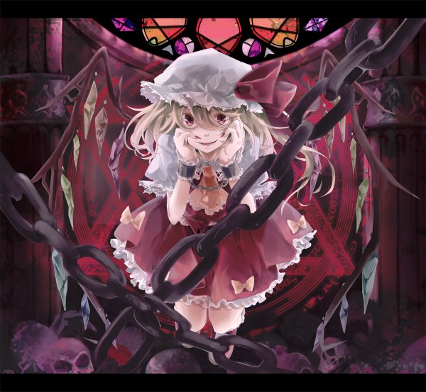 Anime picture 1200x1106 with touhou flandre scarlet rukashima (artist) single short hair blonde hair smile red eyes magic girl dress bow wings chain bonnet skull crystal magic circle