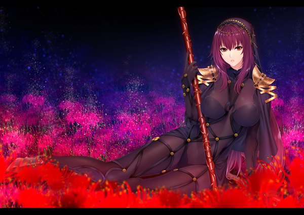 Anime picture 2255x1600 with fate (series) fate/grand order scathach (fate) (all) scathach (fate) zucchini single long hair looking at viewer fringe highres breasts light erotic hair between eyes red eyes large breasts sitting holding purple hair full body parted lips