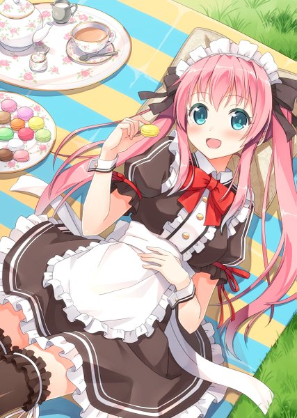 Anime picture 855x1200 with original hyuuga azuri single long hair tall image looking at viewer blush open mouth blue eyes twintails pink hair maid girl thighhighs dress uniform black thighhighs frills headdress maid headdress