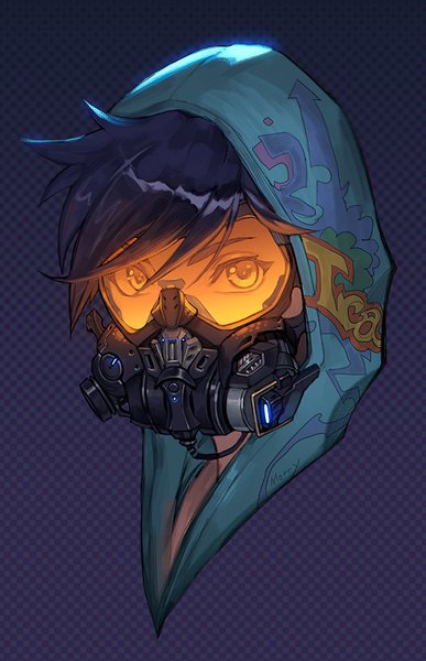Anime picture 549x850 with overwatch blizzard entertainment tracer (overwatch) graffiti tracer morry single tall image looking at viewer short hair black hair signed portrait face checkered checkered background girl hood goggles gas mask