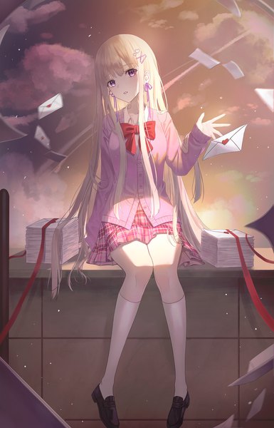 Anime picture 2249x3508 with original boori988 single long hair tall image looking at viewer blush fringe highres blonde hair sitting purple eyes sky cloud (clouds) full body bent knee (knees) outdoors blunt bangs long sleeves parted lips