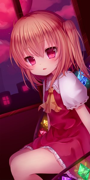 Anime picture 800x1600 with touhou flandre scarlet nachi tall image looking at viewer blush short hair open mouth blonde hair red eyes loli one side up red moon girl dress wings moon crystal