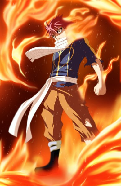 Anime picture 756x1163 with fairy tail natsu dragneel eroishi single tall image short hair pink hair black eyes from below coloring torn clothes magic boy belt scarf fire fist