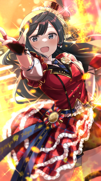 Anime picture 822x1467 with love live! nijigasaki high school idol club sunrise (studio) love live! yuuki setsuna (love live!) shiitake taishi single long hair tall image looking at viewer blush fringe open mouth black hair smile standing blunt bangs :d black eyes sparkle outstretched arm