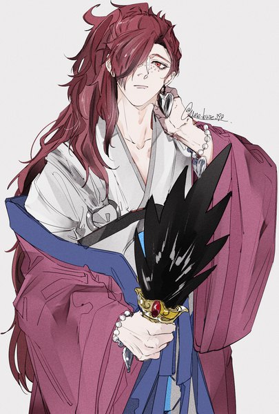 Anime-Bild 1181x1748 mit magi the labyrinth of magic a-1 pictures ren koumei hamaguri single long hair tall image looking at viewer fringe simple background red eyes holding signed upper body ponytail red hair traditional clothes hair over one eye grey background twitter username