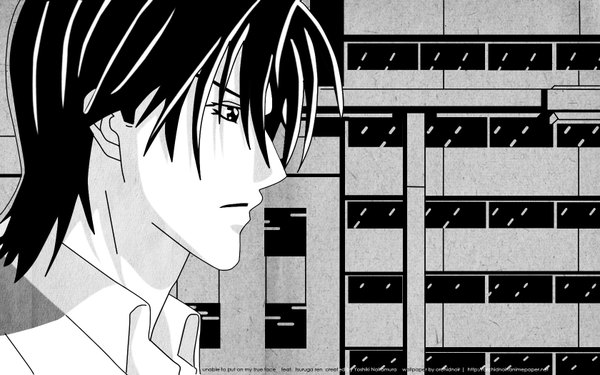 Anime picture 1680x1050 with skip beat! tsuruga ren short hair black hair wide image profile monochrome boy choker building (buildings)