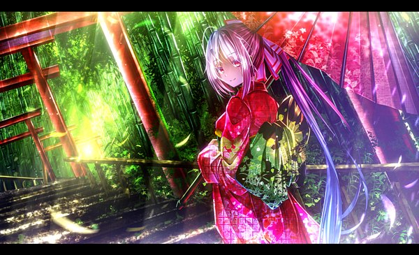 Anime picture 1643x1000 with touhou fujiwara no mokou ryosios single looking at viewer smile wide image pink hair very long hair traditional clothes japanese clothes pink eyes looking back sunlight letterboxed girl bow hair bow stairs yukata