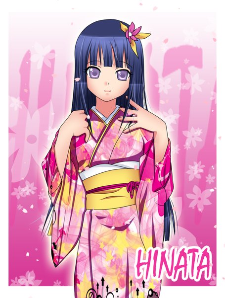 Anime picture 1026x1354 with naruto studio pierrot naruto (series) hyuuga hinata long hair tall image highres purple eyes blue hair japanese clothes hair flower inscription pink background hair ornament belt kimono