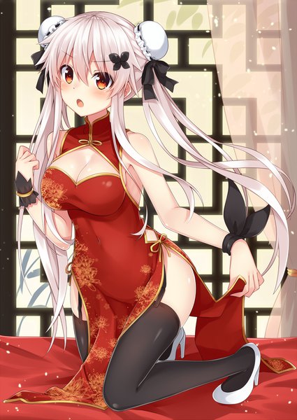 Anime picture 1432x2023 with original etna (kuzuyu) komori kuzuyu single long hair tall image looking at viewer blush fringe breasts open mouth light erotic hair between eyes large breasts twintails bare shoulders brown eyes cleavage silver hair full body