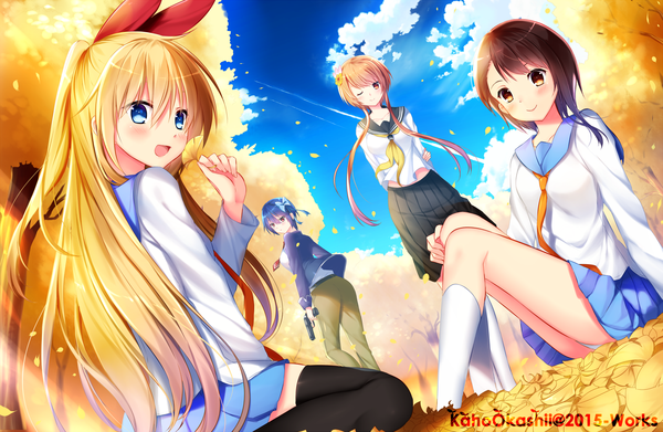 Anime picture 1500x978 with nisekoi shaft (studio) kirisaki chitoge onodera kosaki tachibana marika tsugumi seishirou kaho okashii long hair looking at viewer blush short hair blue eyes black hair blonde hair smile brown hair multiple girls brown eyes blue hair one eye closed