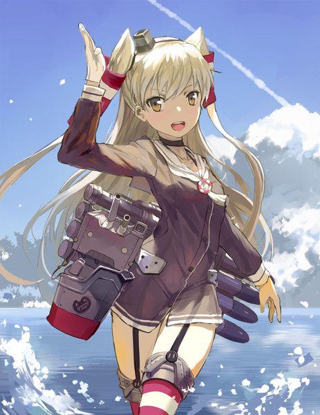 Anime picture 1000x1296 with kantai collection amatsukaze destroyer rensouhou-kun stflash single long hair tall image looking at viewer brown eyes sky cloud (clouds) white hair two side up horizon salute girl thighhighs uniform hat choker