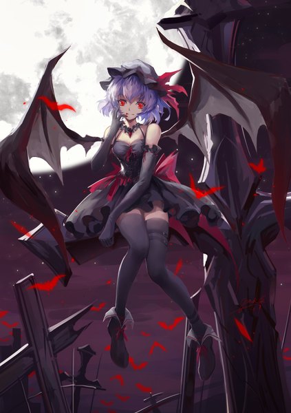 Anime picture 1627x2306 with touhou remilia scarlet nangua mache (artist) single tall image looking at viewer short hair smile red eyes bare shoulders purple hair night night sky finger to mouth bat wings girl thighhighs dress gloves black thighhighs