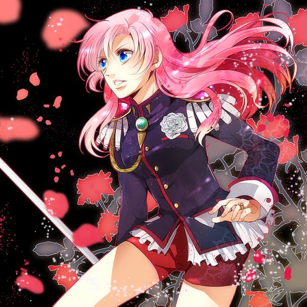 Anime picture 1133x1134 with revolutionary girl utena j.c. staff tenjou utena gen (enji) single long hair tall image blue eyes pink hair girl uniform flower (flowers) petals sword shorts military uniform