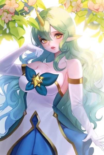 Anime picture 2000x2979 with league of legends soraka (league of legends) star guardian soraka piapi01 single long hair tall image looking at viewer fringe highres hair between eyes yellow eyes cleavage upper body parted lips horn (horns) green hair lips cherry blossoms girl