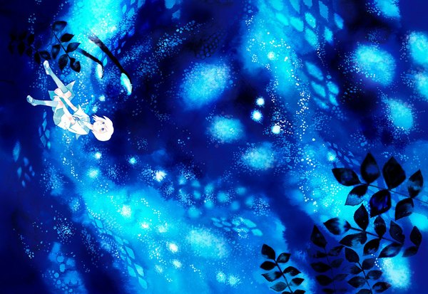 Anime picture 1104x761 with original yoshida yoshitsugi single short hair blue eyes sky white hair night night sky flying girl uniform school uniform serafuku leaf (leaves) star (stars)