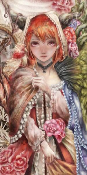 Anime picture 1000x2000 with maoyuu maou yuusha arms corporation maou (maoyuu) hogecomhoge single long hair tall image looking at viewer red eyes red hair horn (horns) girl dress flower (flowers) animal frills bird (birds)